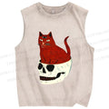 Unisex Three Eyes Cat Sitting in Skull Printed Washed Tank Top