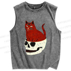 Unisex Three Eyes Cat Sitting in Skull Printed Washed Tank Top