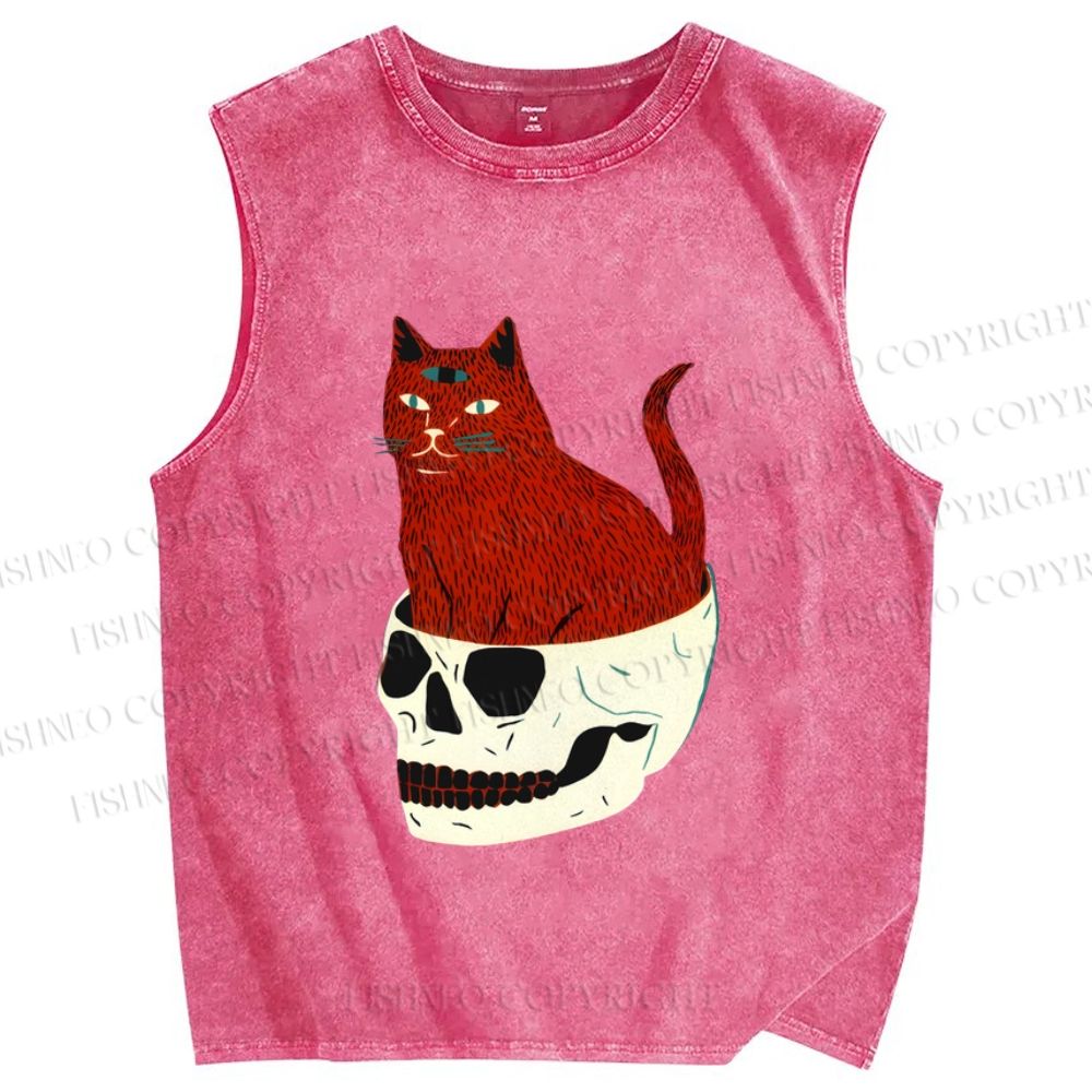 Unisex Three Eyes Cat Sitting in Skull Printed Washed Tank Top