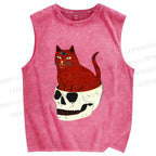 Unisex Three Eyes Cat Sitting in Skull Printed Washed Tank Top