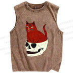 Unisex Three Eyes Cat Sitting in Skull Printed Washed Tank Top