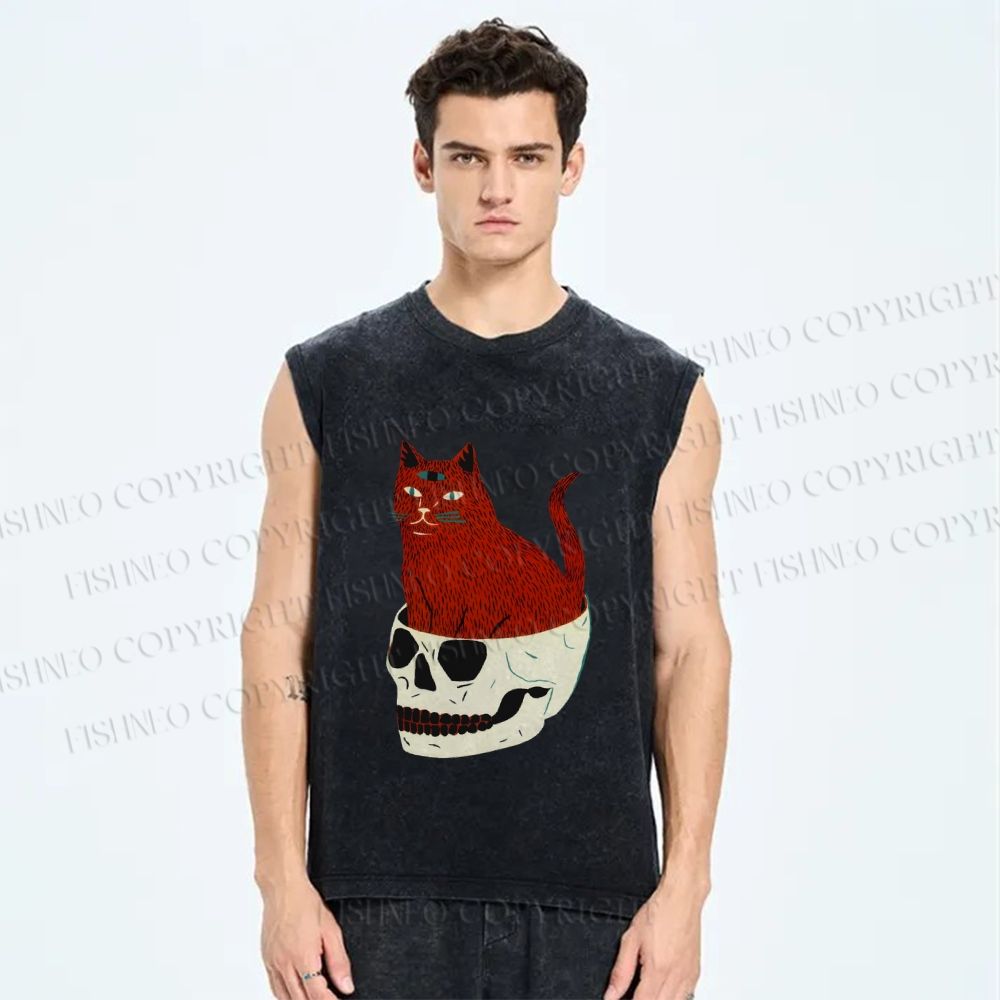 Unisex Three Eyes Cat Sitting in Skull Printed Washed Tank Top
