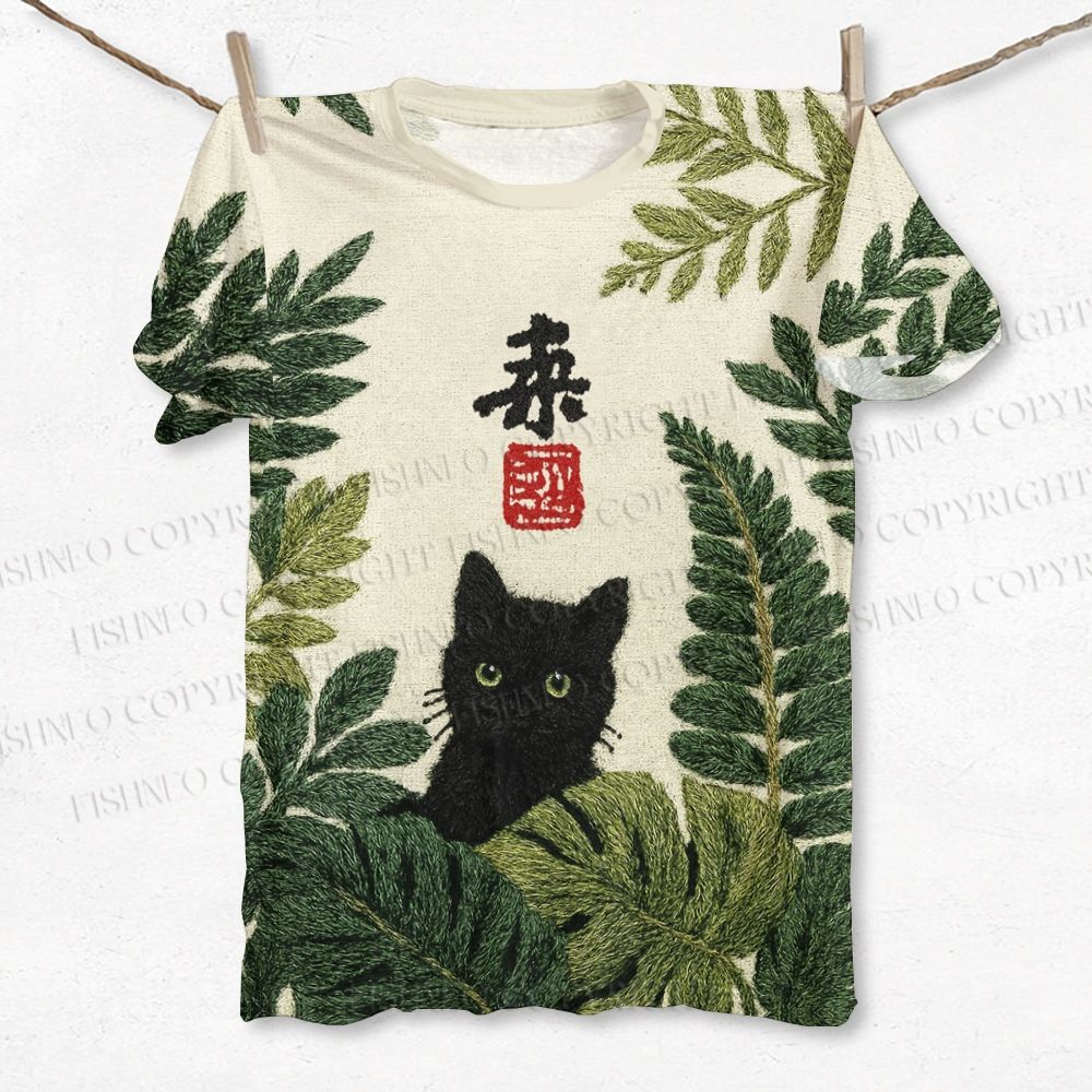 Unisex Black Cat And Palm Leaf Art Printed Classic T-shirt