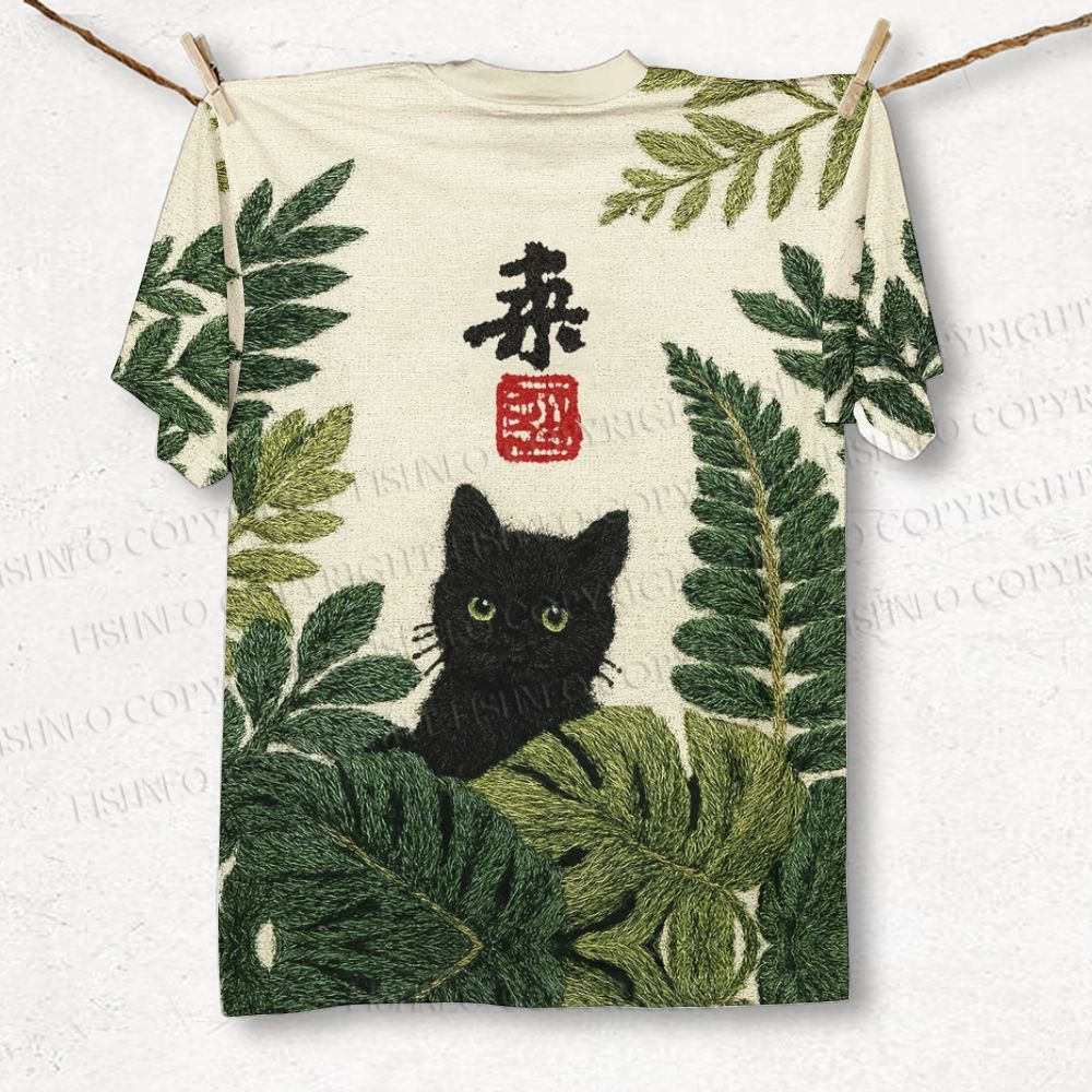 Unisex Black Cat And Palm Leaf Art Printed Classic T-shirt