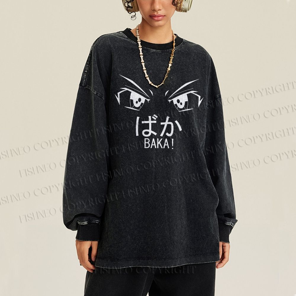 Unisex Casual Washed Baka Printed Long Sleeve T-shirt