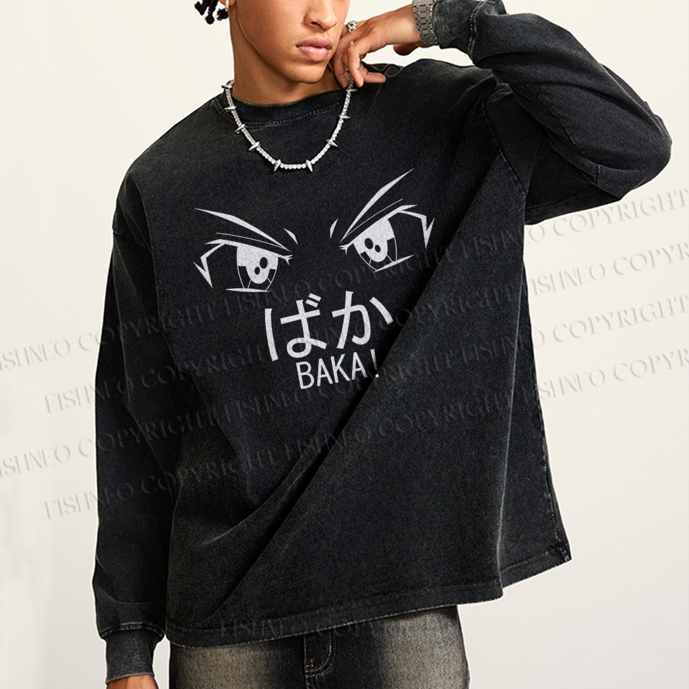 Unisex Casual Washed Baka Printed Long Sleeve T-shirt