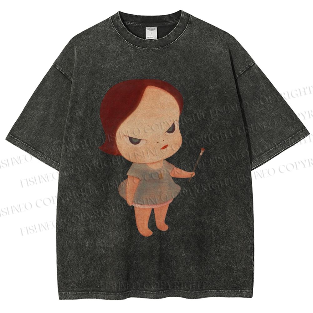 Unisex Yoshitomo Nara Paintbrush Girl Printed Washed Tee