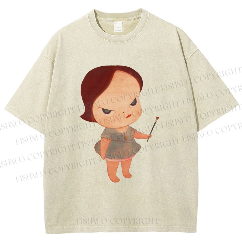 Unisex Yoshitomo Nara Paintbrush Girl Printed Washed Tee