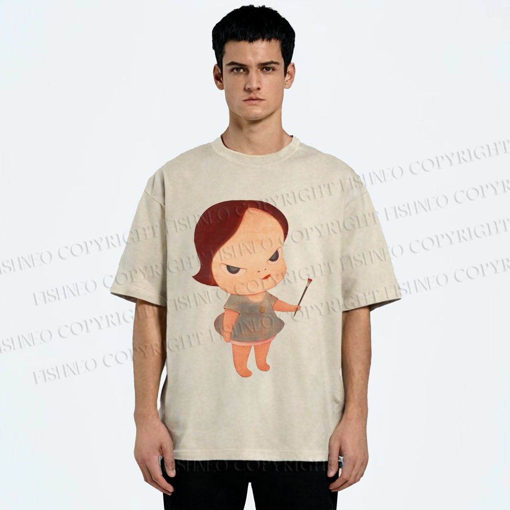 Unisex Yoshitomo Nara Paintbrush Girl Printed Washed Tee
