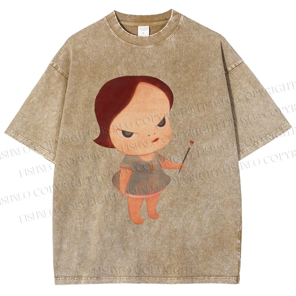 Unisex Yoshitomo Nara Paintbrush Girl Printed Washed Tee