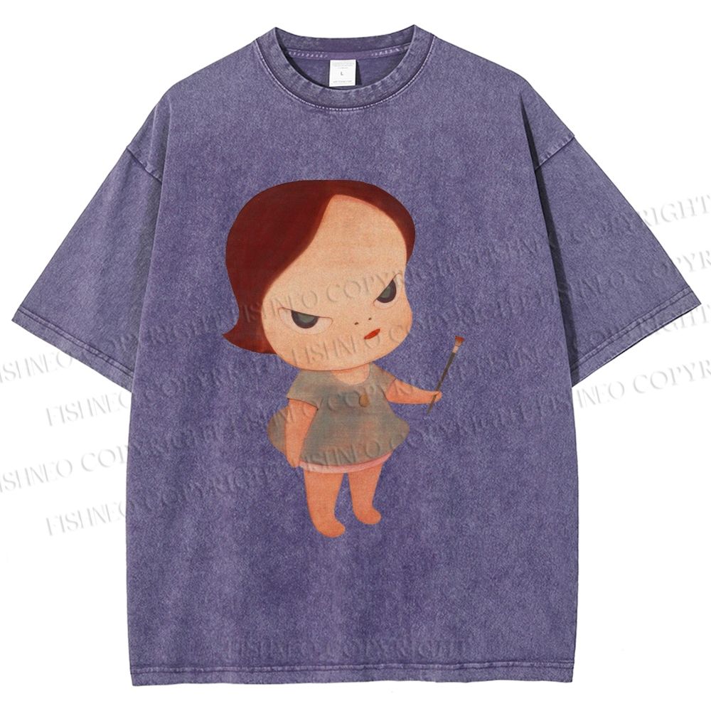 Unisex Yoshitomo Nara Paintbrush Girl Printed Washed Tee