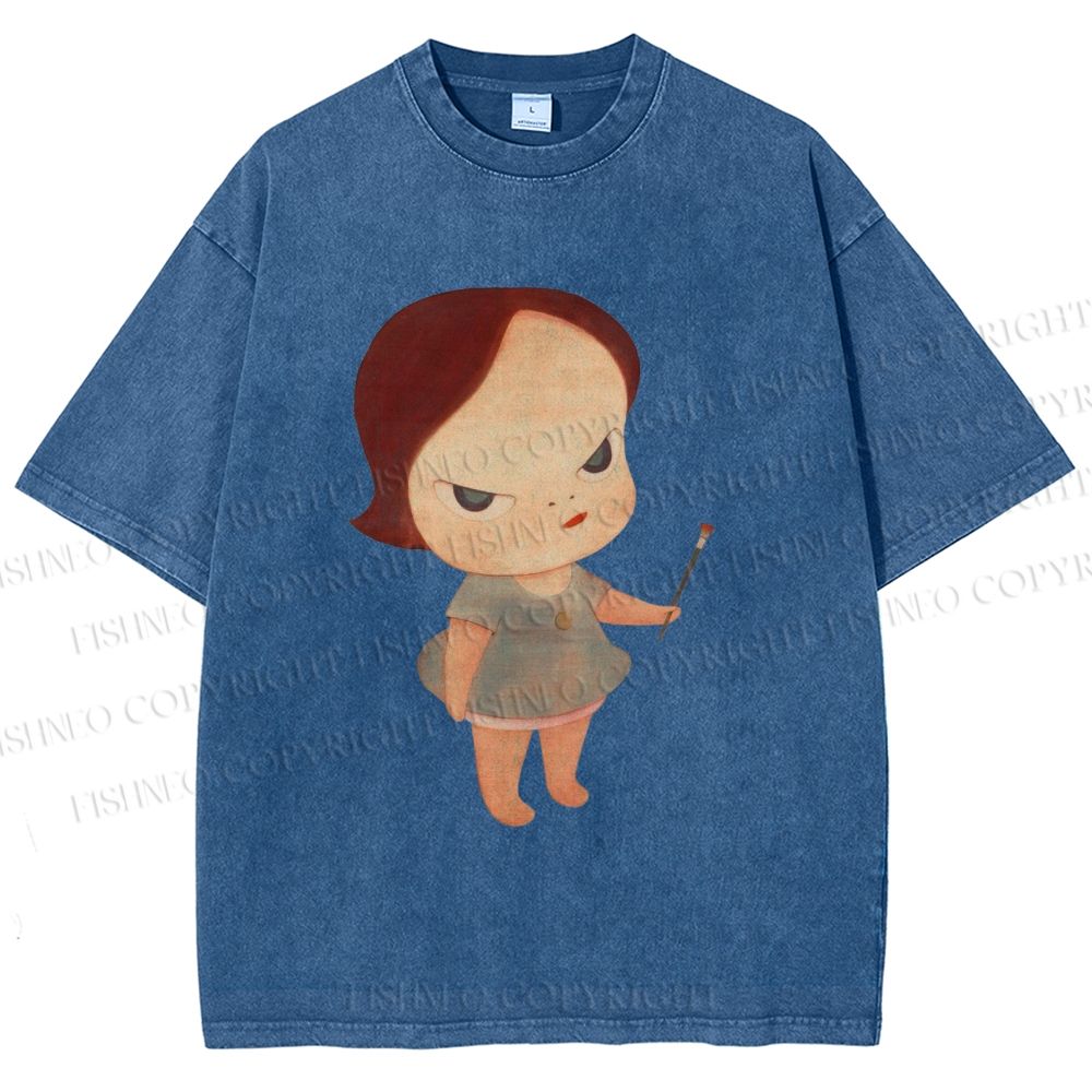 Unisex Yoshitomo Nara Paintbrush Girl Printed Washed Tee