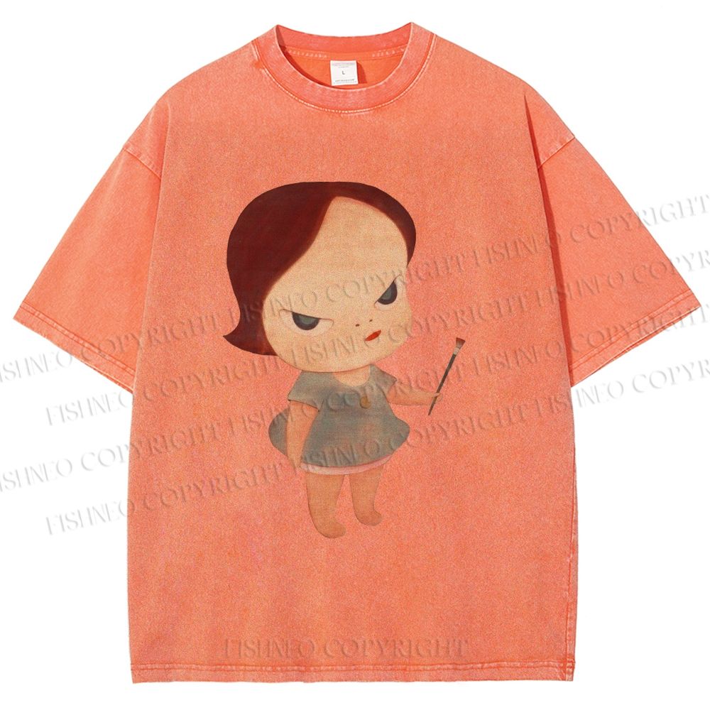 Unisex Yoshitomo Nara Paintbrush Girl Printed Washed Tee