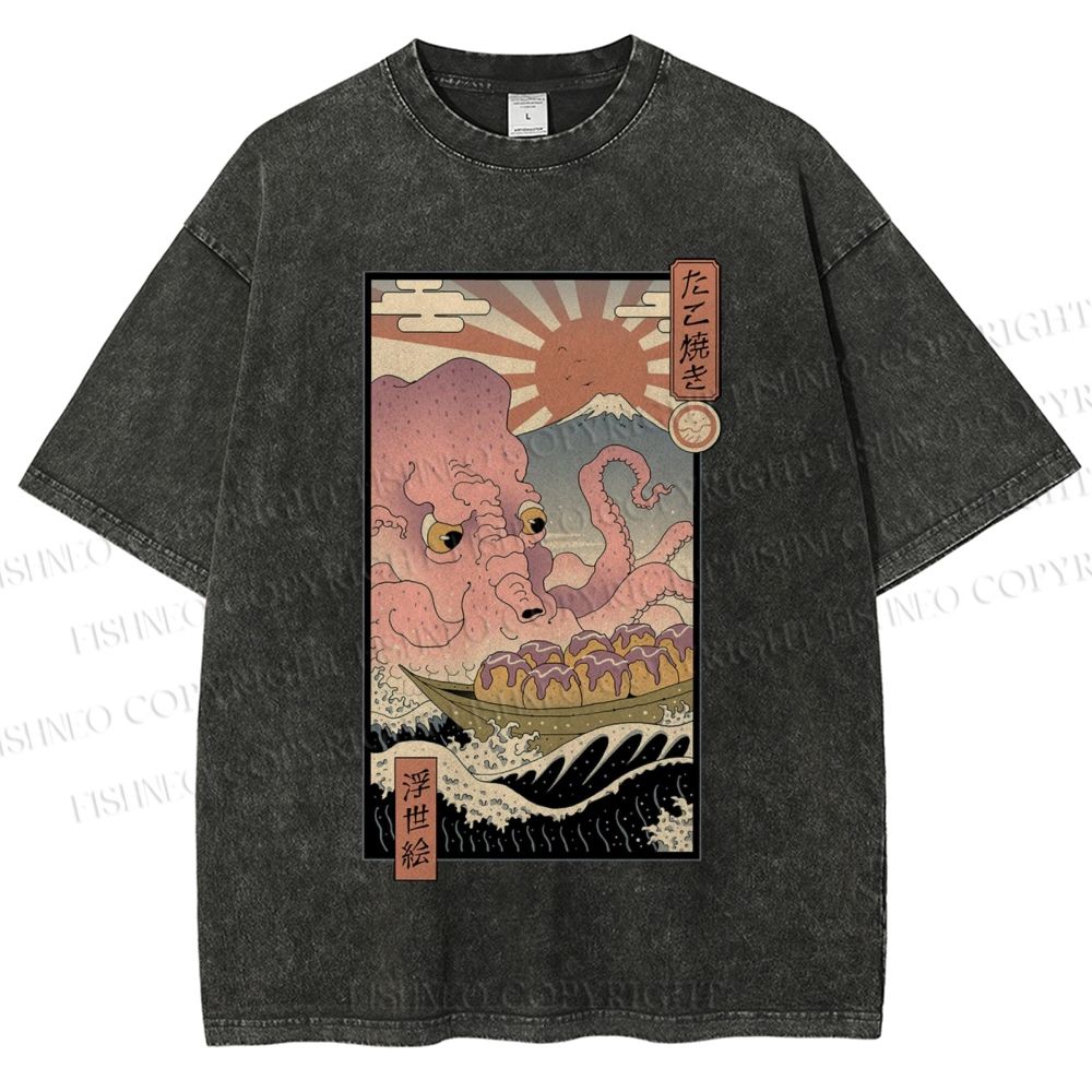 Unisex Ukiyo-e The Great Takoyaki Printed Washed Tee
