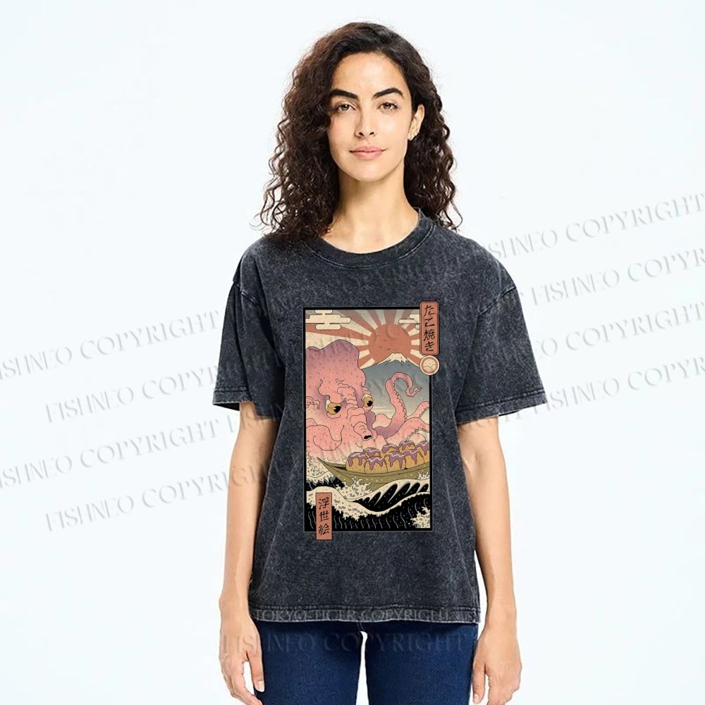 Unisex Ukiyo-e The Great Takoyaki Printed Washed Tee