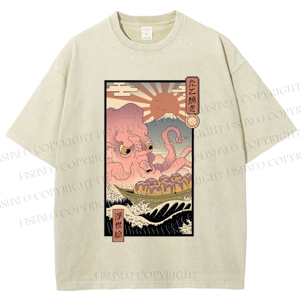 Unisex Ukiyo-e The Great Takoyaki Printed Washed Tee