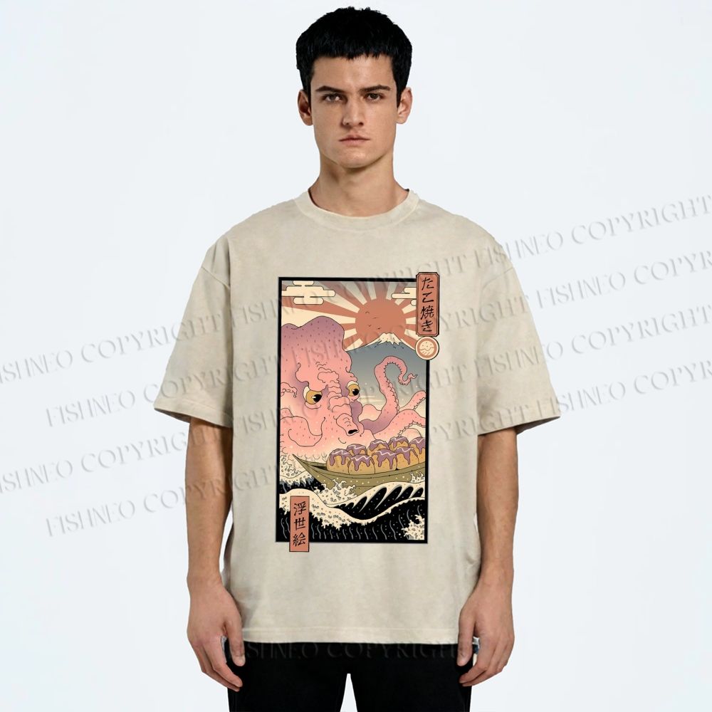 Unisex Ukiyo-e The Great Takoyaki Printed Washed Tee