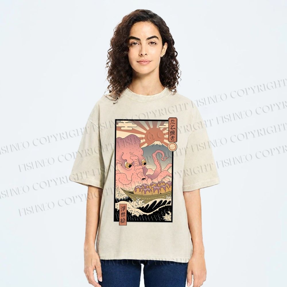 Unisex Ukiyo-e The Great Takoyaki Printed Washed Tee