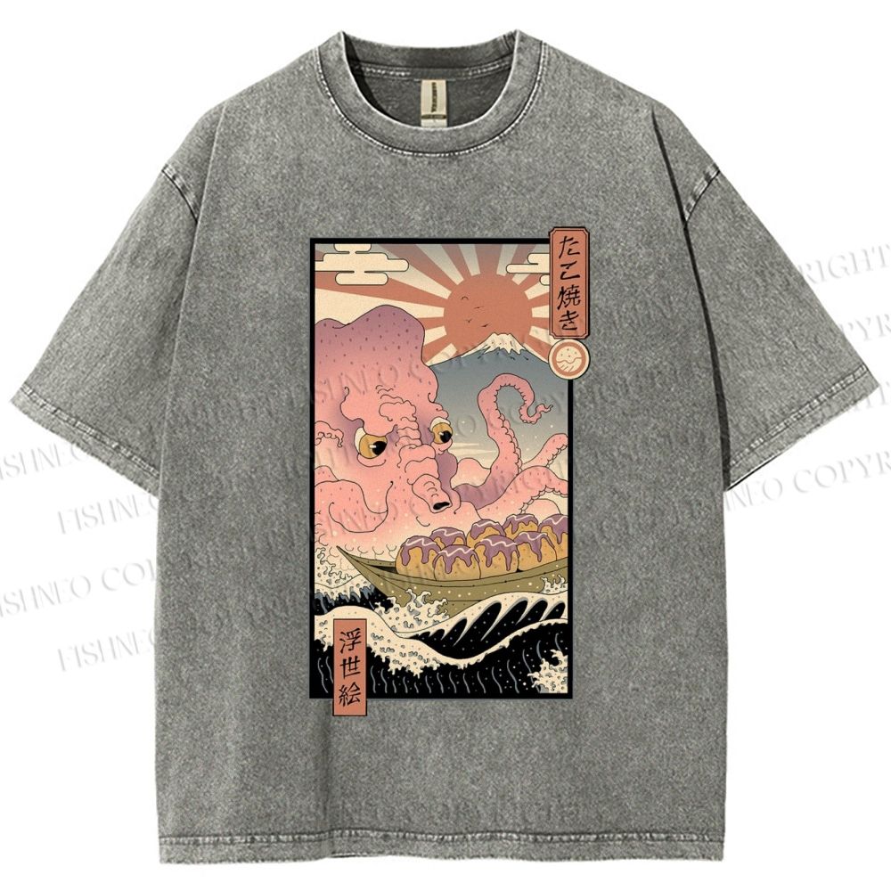 Unisex Ukiyo-e The Great Takoyaki Printed Washed Tee