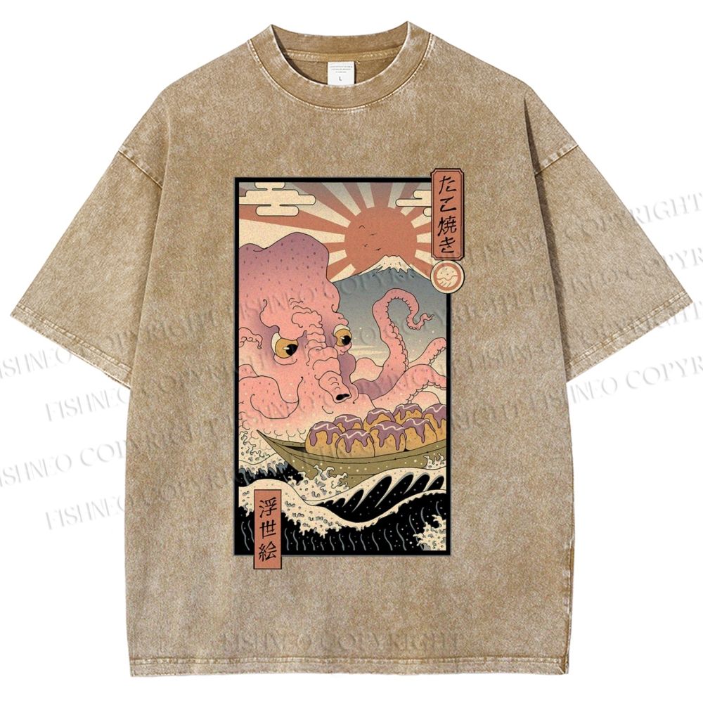 Unisex Ukiyo-e The Great Takoyaki Printed Washed Tee