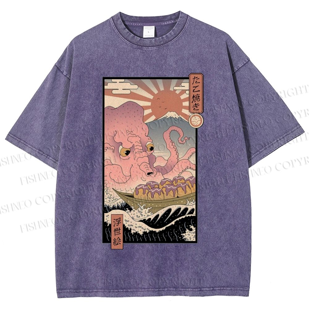 Unisex Ukiyo-e The Great Takoyaki Printed Washed Tee
