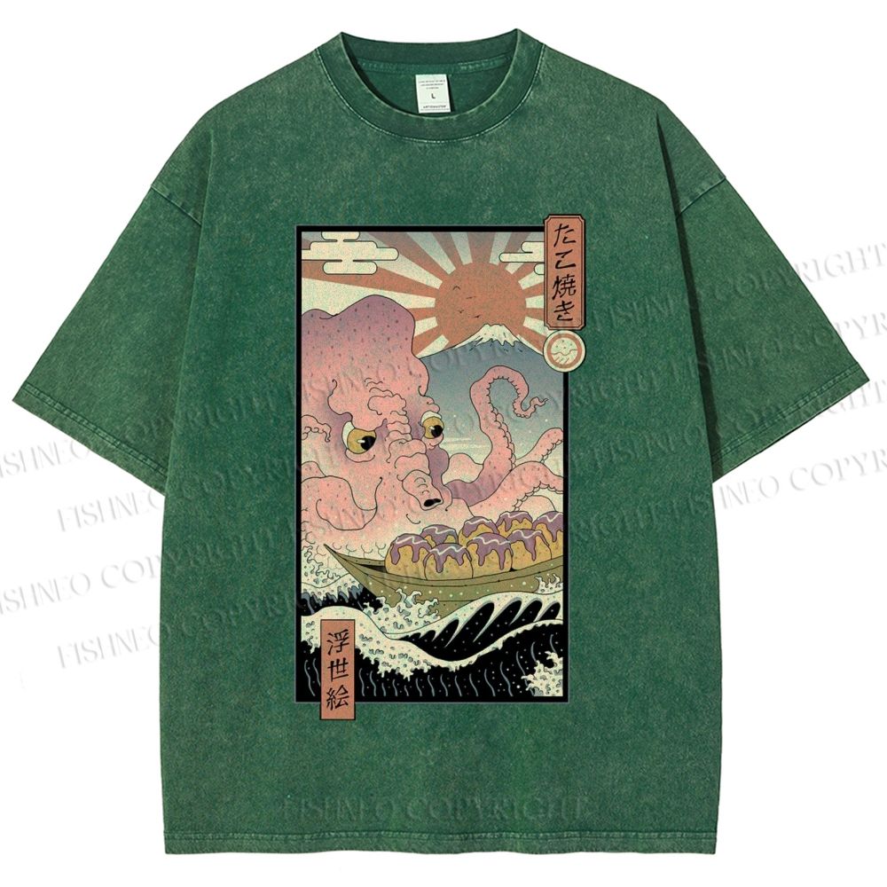 Unisex Ukiyo-e The Great Takoyaki Printed Washed Tee