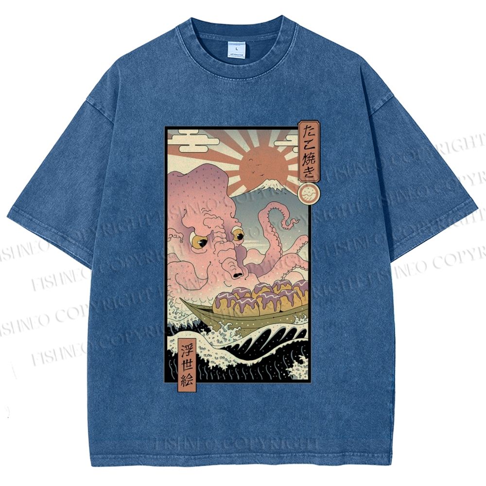 Unisex Ukiyo-e The Great Takoyaki Printed Washed Tee