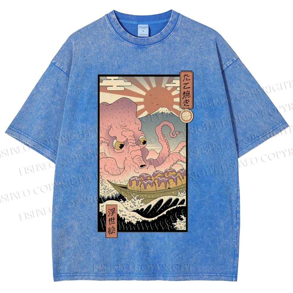Unisex Ukiyo-e The Great Takoyaki Printed Washed Tee