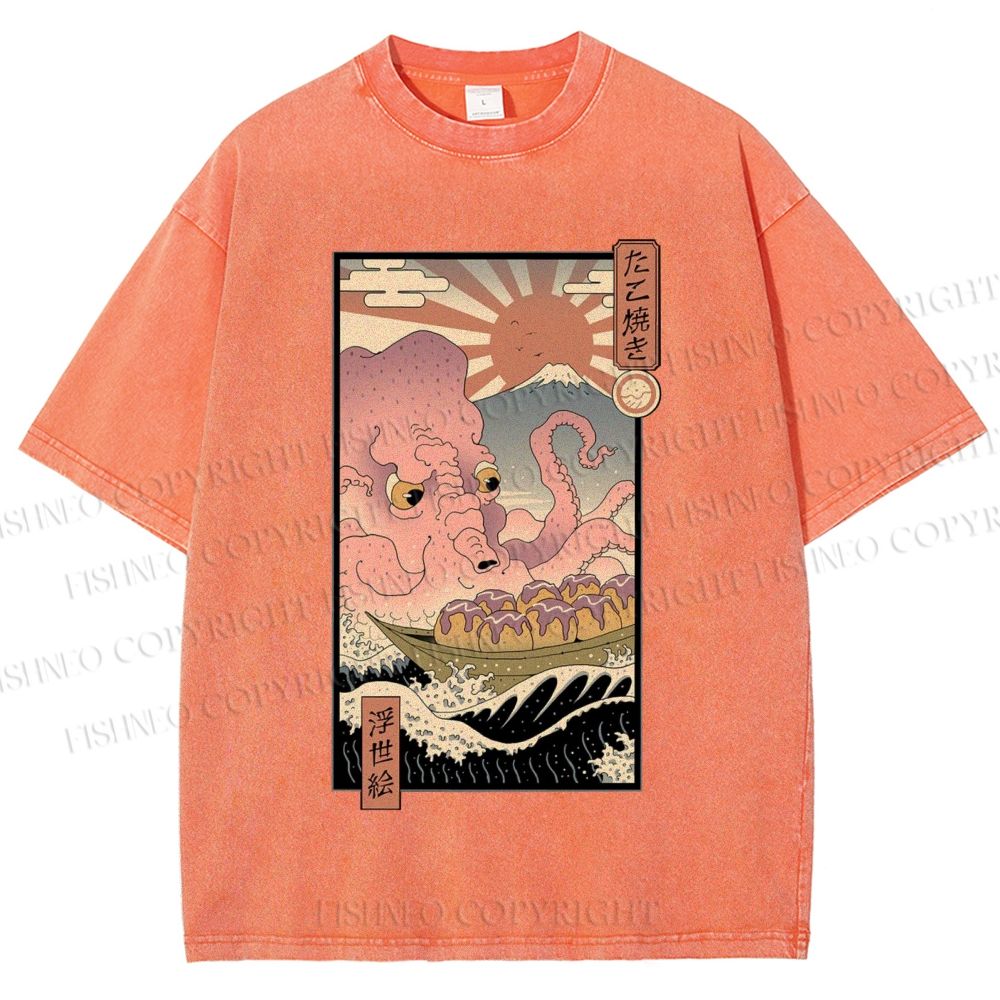 Unisex Ukiyo-e The Great Takoyaki Printed Washed Tee