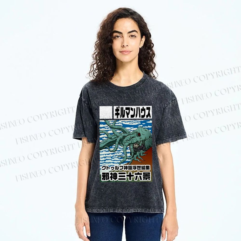 Unisex Vintage Octopus Printed Washed Tee