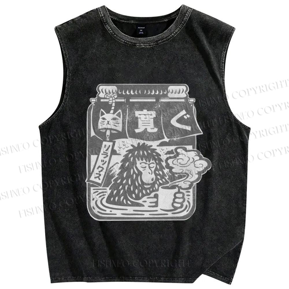 Unisex Snow Monkey Coffee Park Printed Washed Tank Top