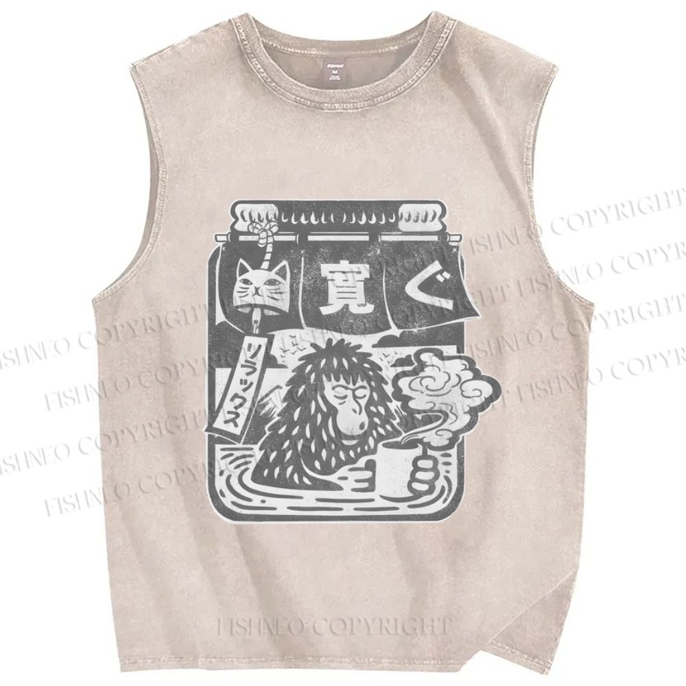Unisex Snow Monkey Coffee Park Printed Washed Tank Top