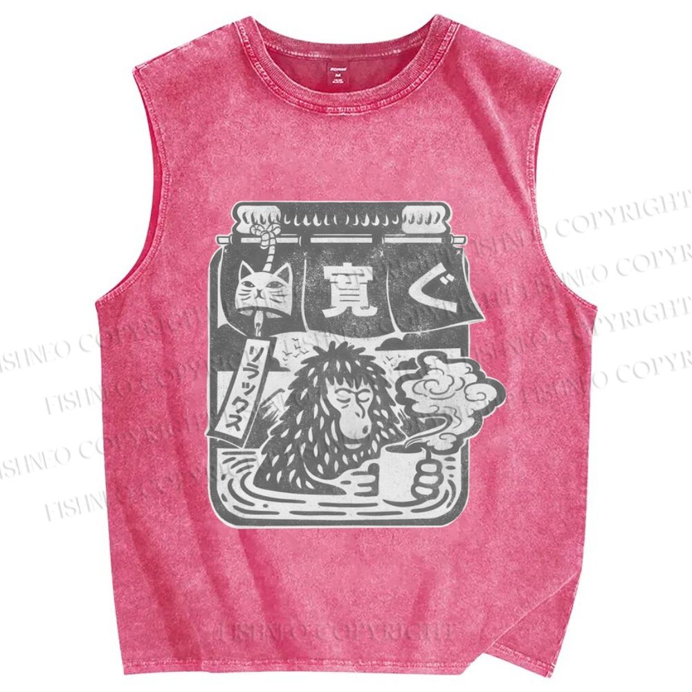 Unisex Snow Monkey Coffee Park Printed Washed Tank Top