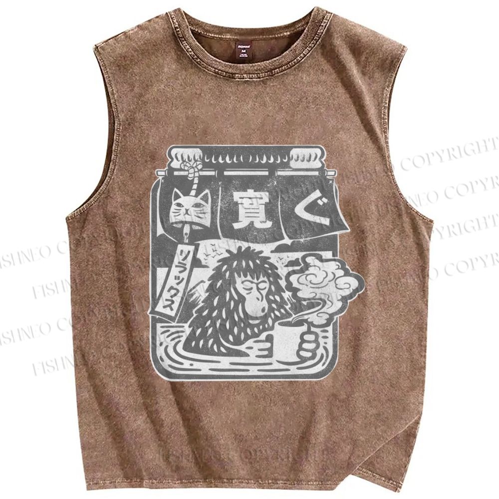 Unisex Snow Monkey Coffee Park Printed Washed Tank Top