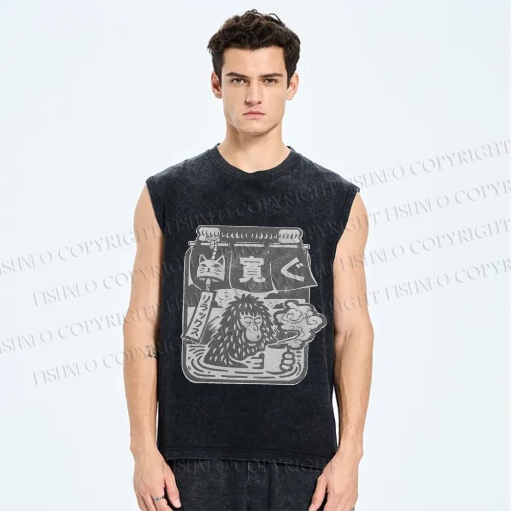 Unisex Snow Monkey Coffee Park Printed Washed Tank Top