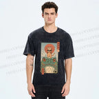 Unisex Cat Frog Japanese Style Printed Washed Tee