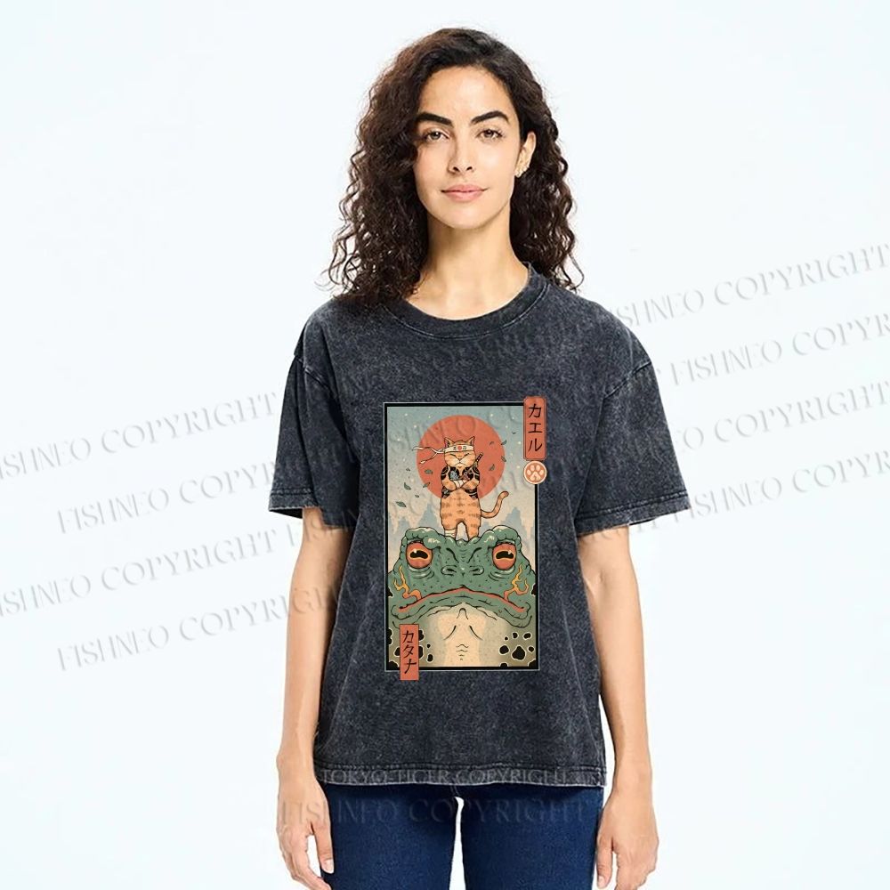 Unisex Cat Frog Japanese Style Printed Washed Tee
