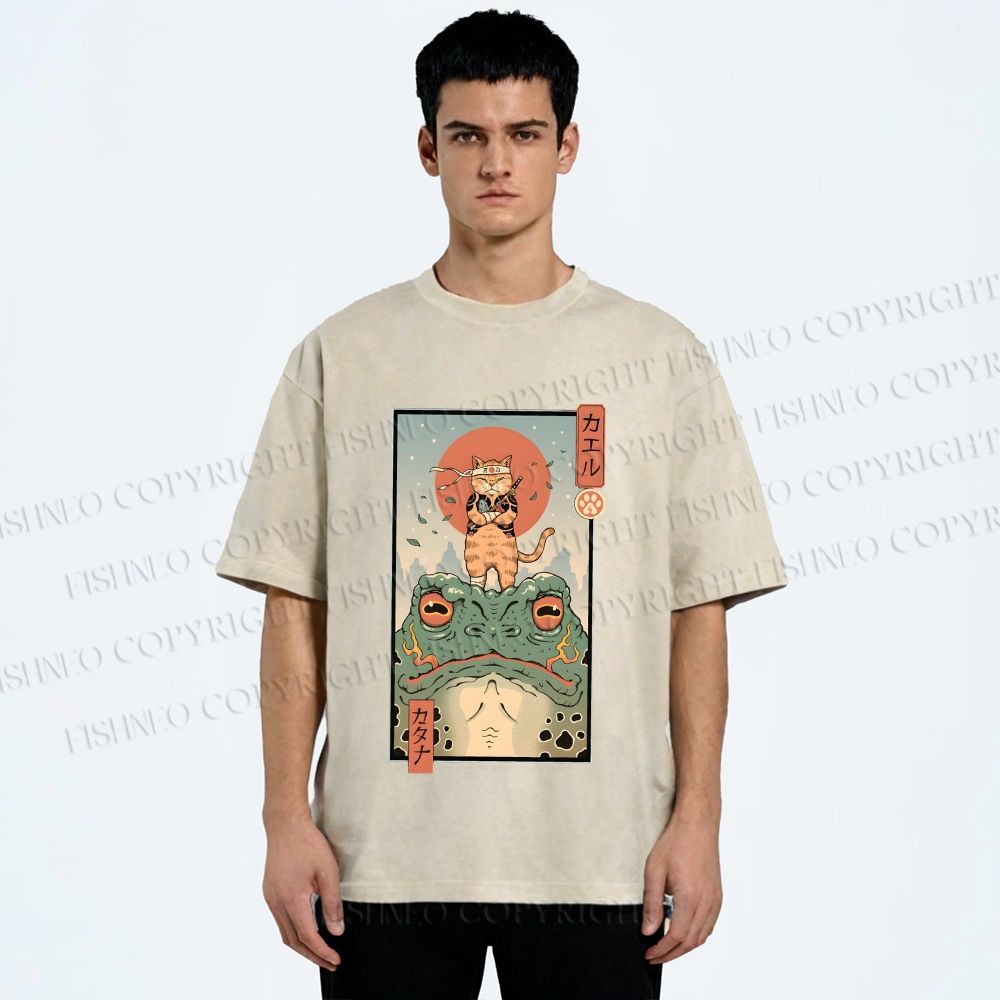 Unisex Cat Frog Japanese Style Printed Washed Tee