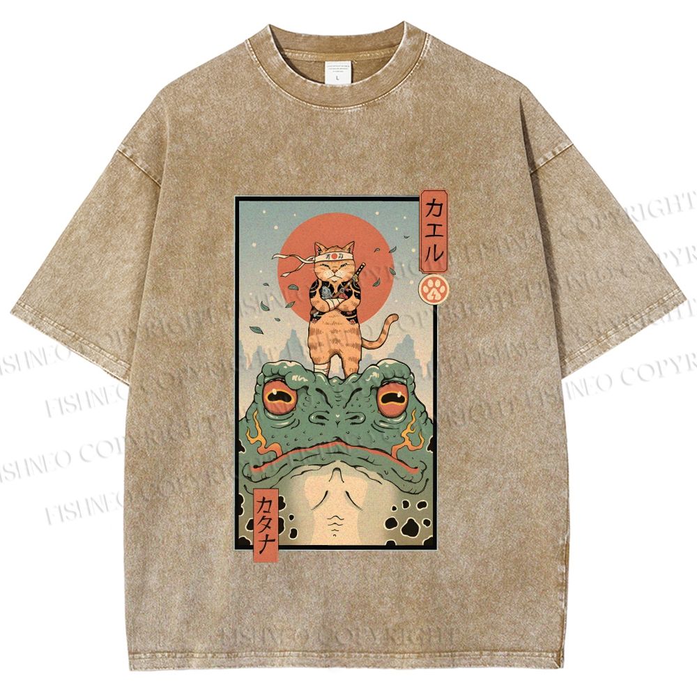 Unisex Cat Frog Japanese Style Printed Washed Tee