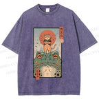 Unisex Cat Frog Japanese Style Printed Washed Tee