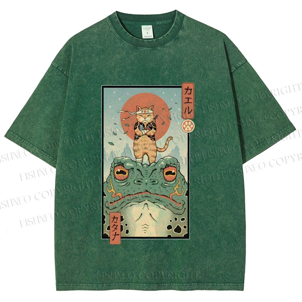 Unisex Cat Frog Japanese Style Printed Washed Tee