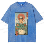 Unisex Cat Frog Japanese Style Printed Washed Tee