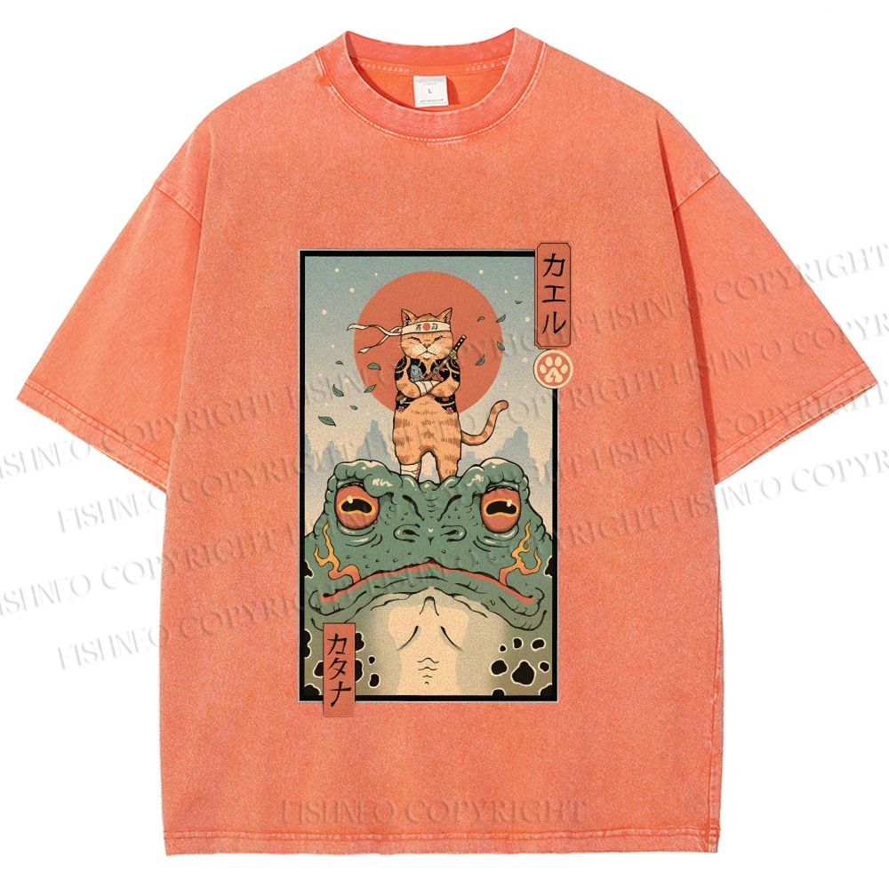 Unisex Cat Frog Japanese Style Printed Washed Tee