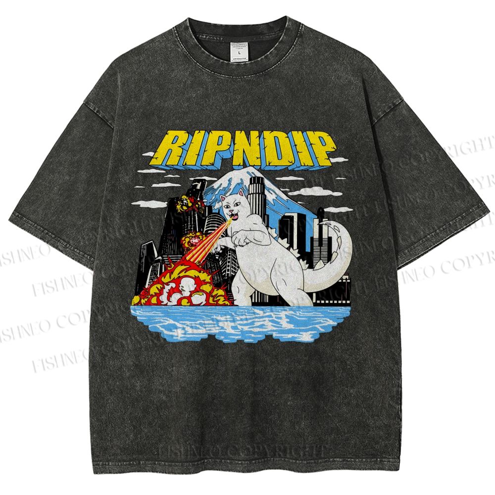 Unisex Monster Cat Printed Washed Tee