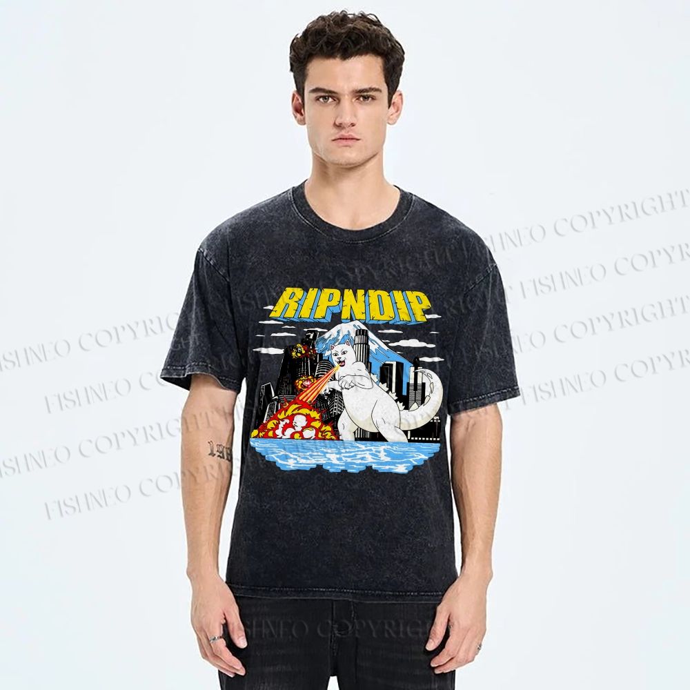 Unisex Monster Cat Printed Washed Tee