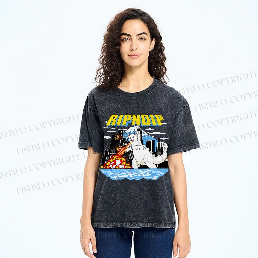 Unisex Monster Cat Printed Washed Tee