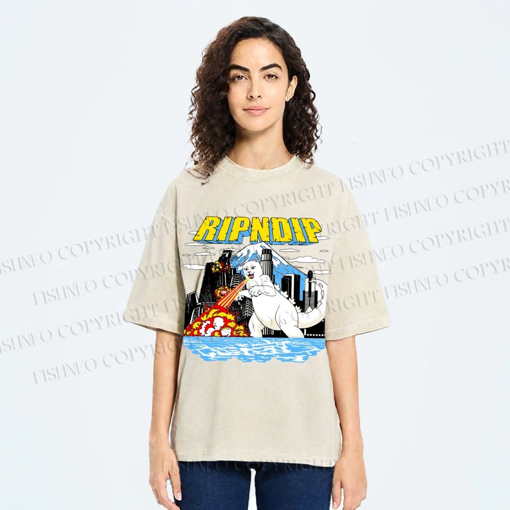 Unisex Monster Cat Printed Washed Tee