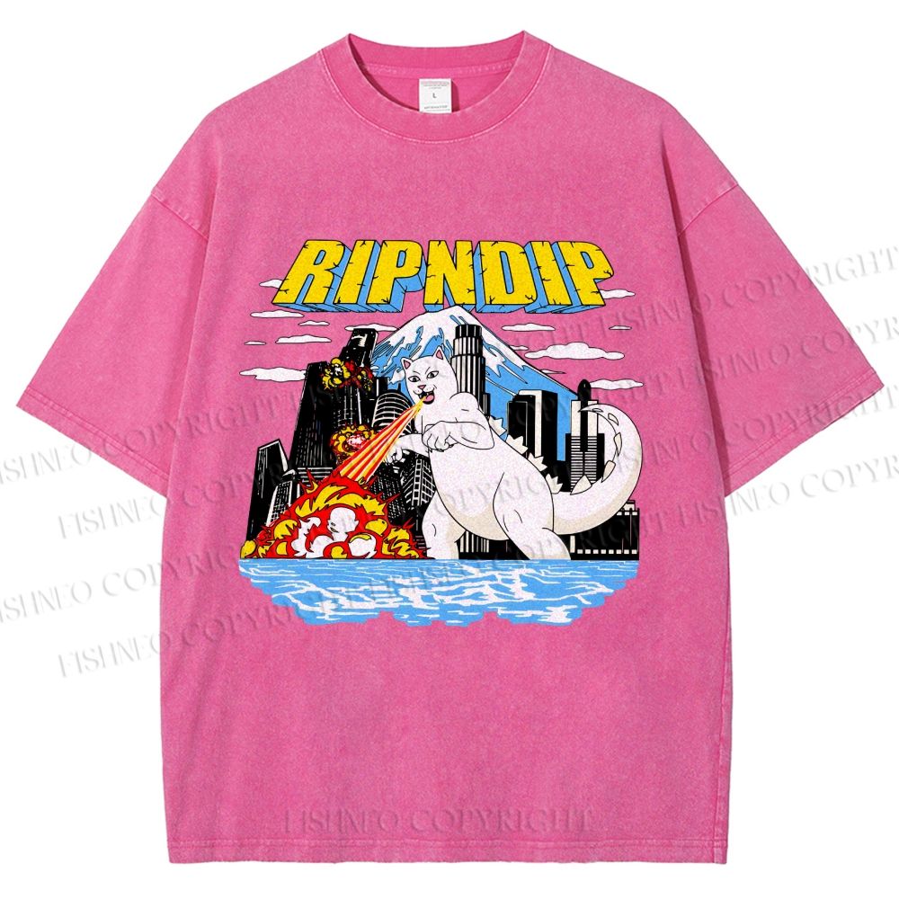 Unisex Monster Cat Printed Washed Tee