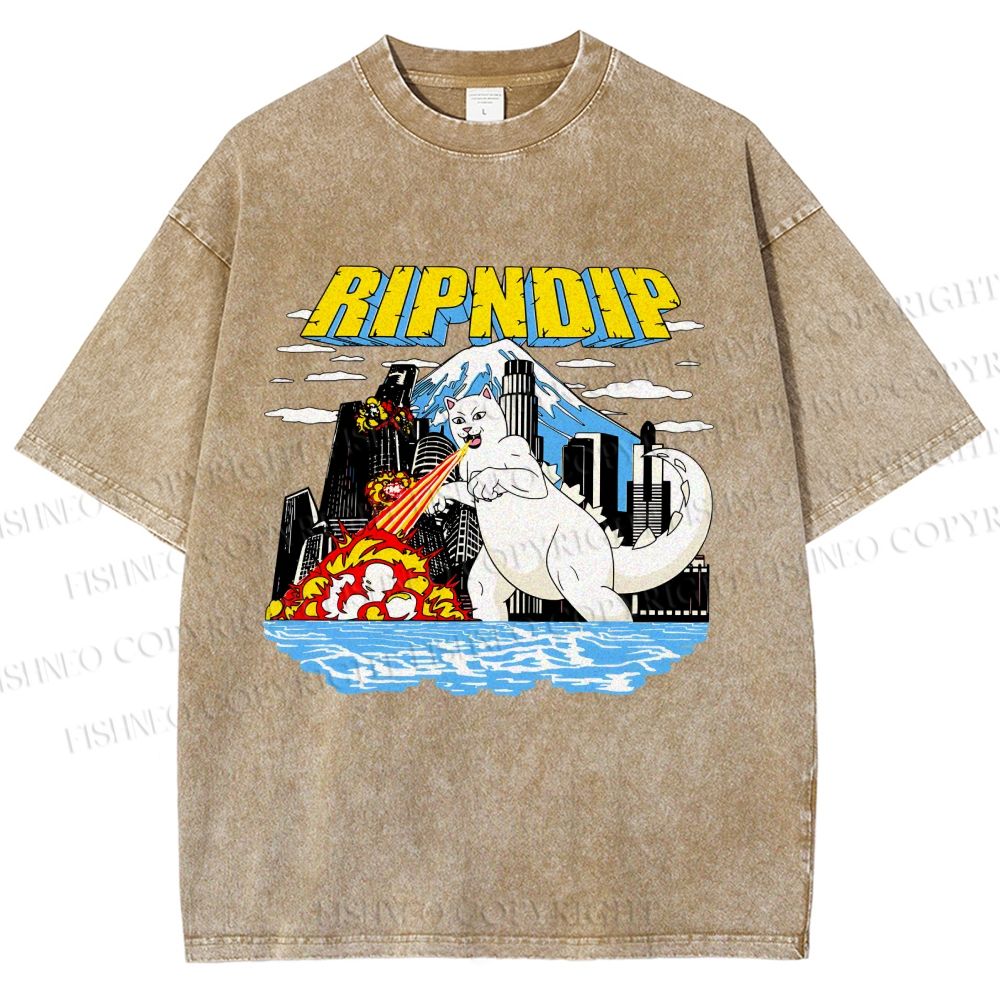 Unisex Monster Cat Printed Washed Tee