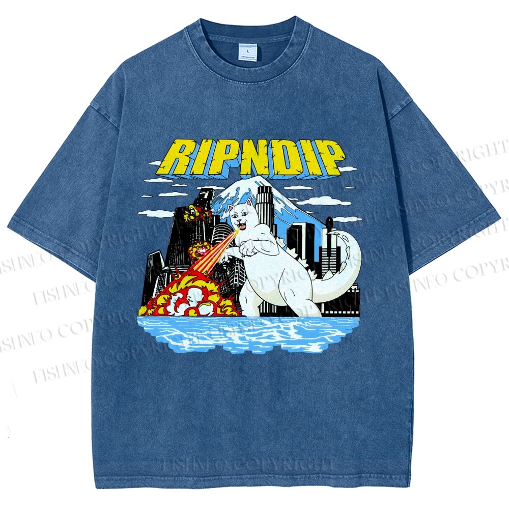 Unisex Monster Cat Printed Washed Tee